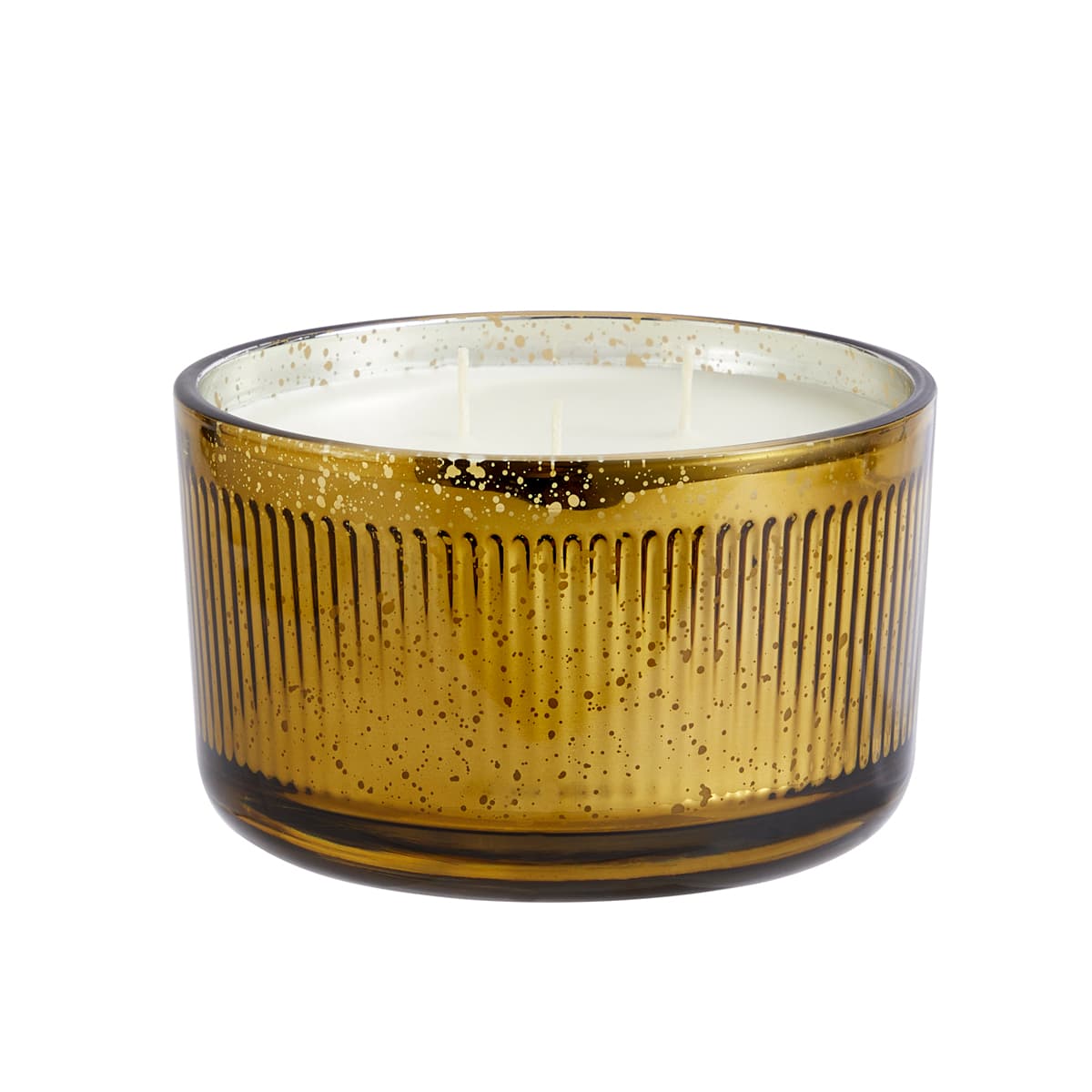 Whiskey & Oak 3-Wick Ripple Jar Candle with a gold jar and white wax against a white background.
