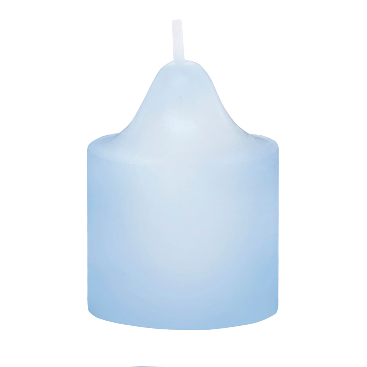 Snowflakes & Cotton Votive Candle in a light blue color against a white background.