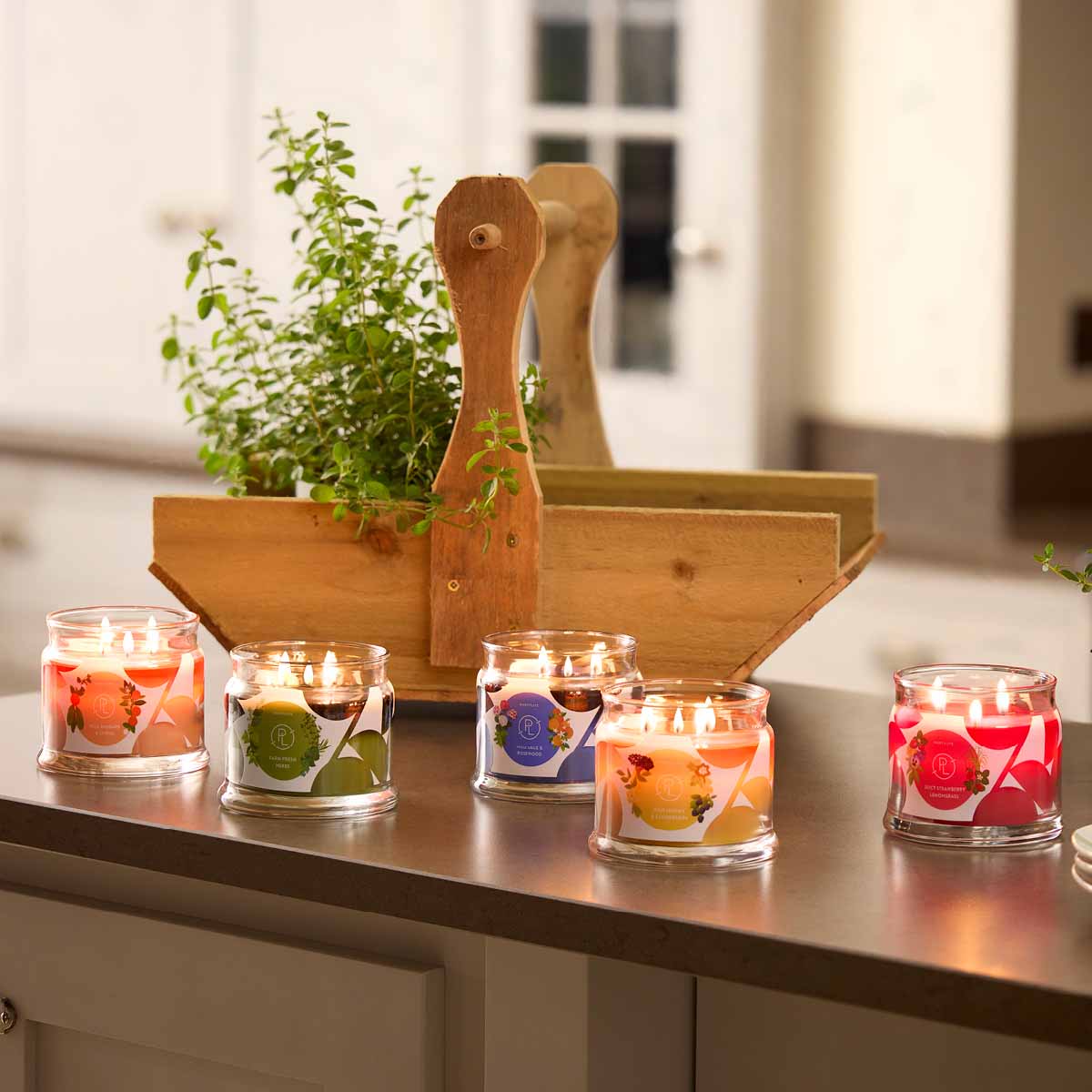 An Assortment of colorful 3-wick Jar Candles on a wooden surface with a wooden Plant Holder in the background.