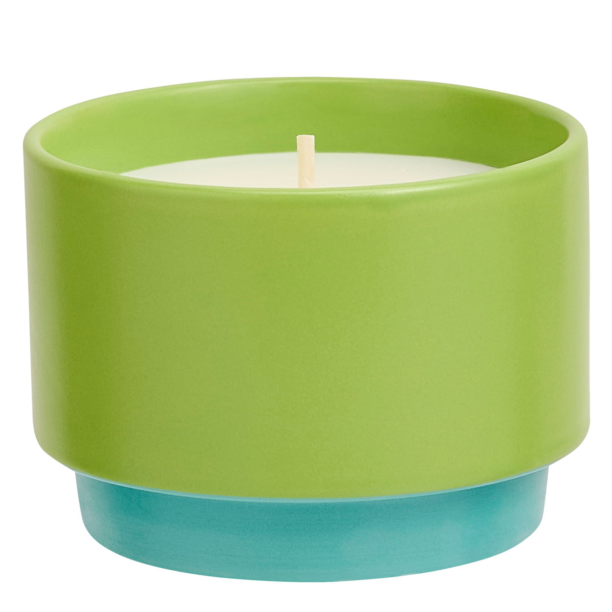 A two-toned ceramic jar candle with a green upper part and blue lower part, containing a white Wild Lemongrass scent citronella candle.