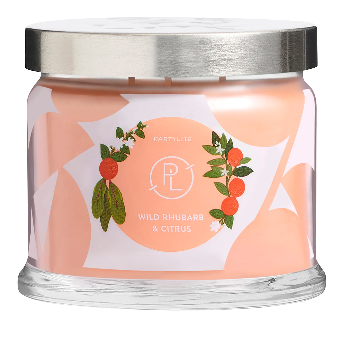 Wild Rhubard and Citrus 3-wick Jar Candle against a white background.