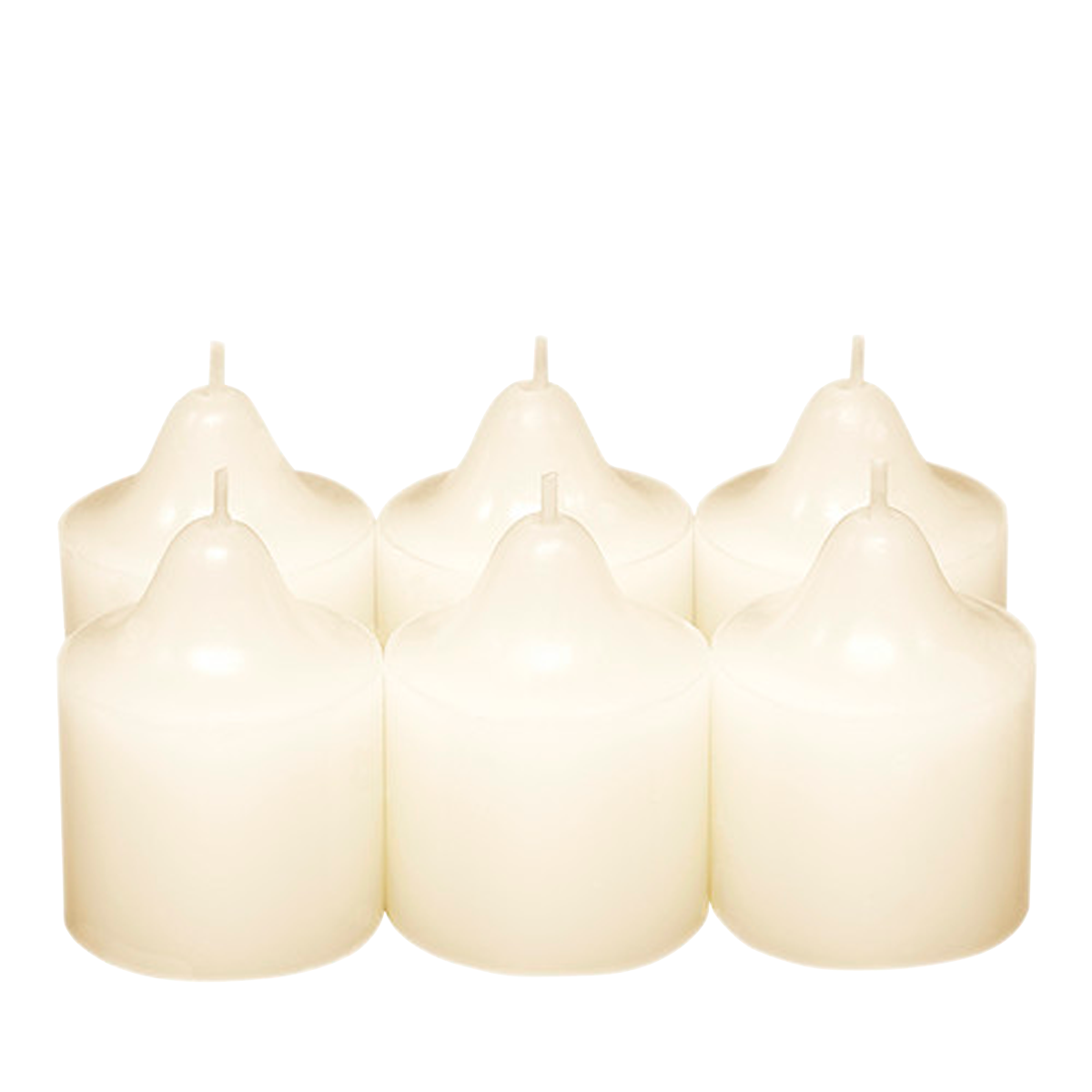 Six Marshmallow Vanilla Votive Candles shown against a grey and black chequered background.